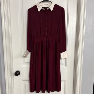 Zara Red and White Pleated Sundress with Cuffed Long Sleeves